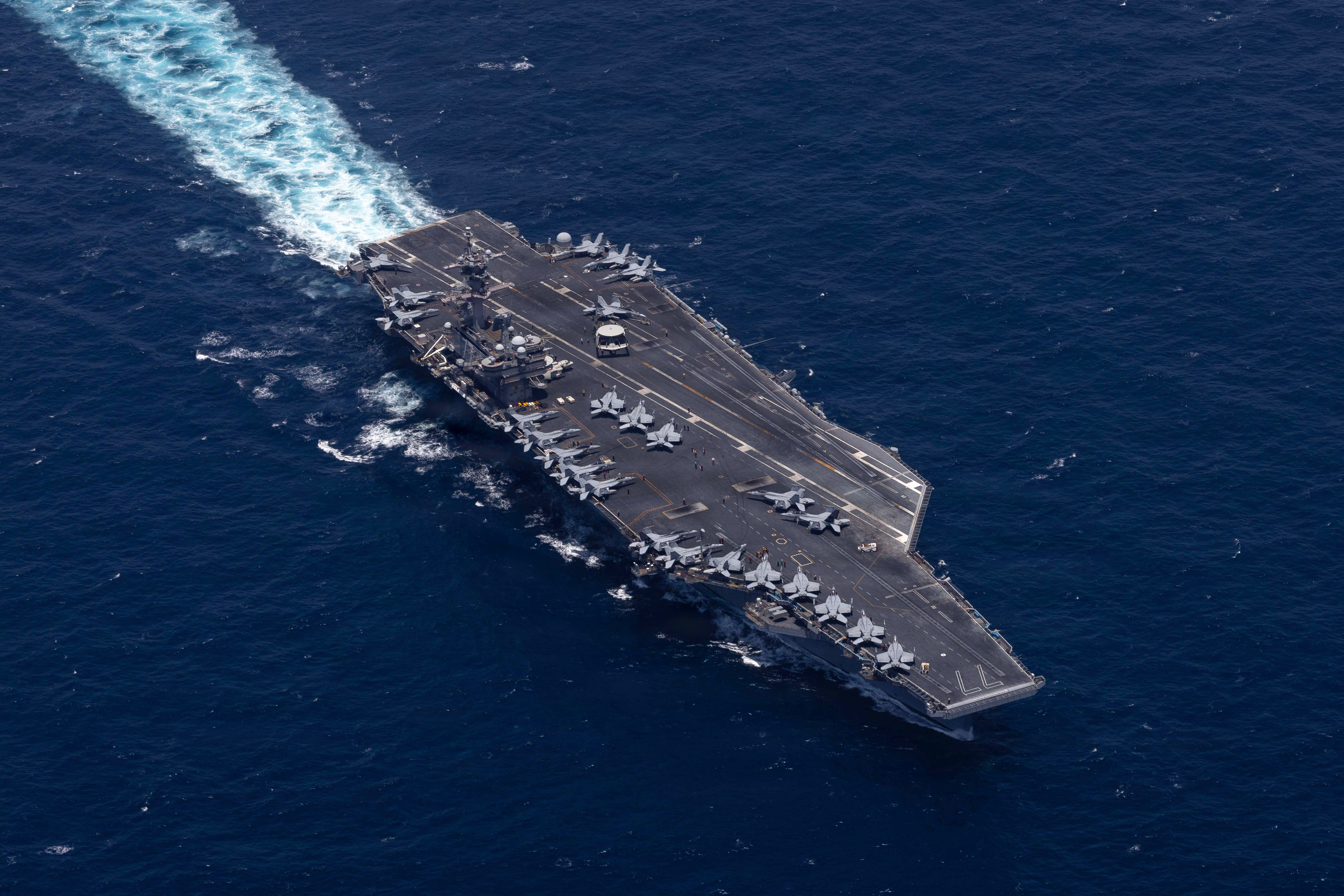 Aerial view of U.S. Navy carrier strike group underway