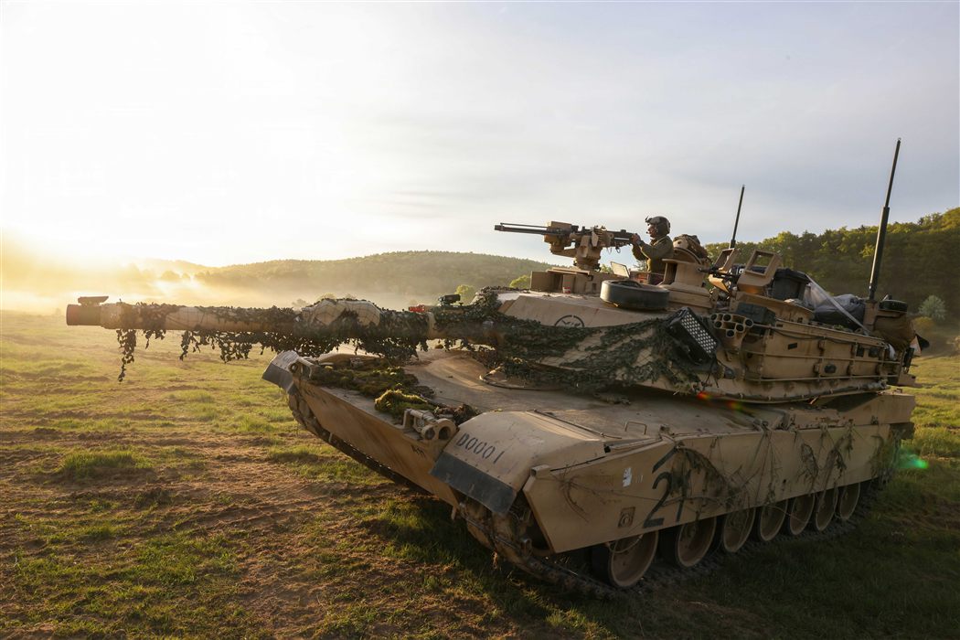 M1A2 Abrams main battle tank deployed at dawn for forward base force protection